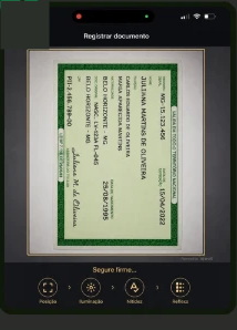 Tela de captura do verso do documento, com indicadores de posição, iluminação, nitidez e reflexo