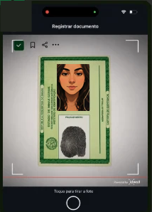 Tela de captura da frente do documento, com o documento enquadrado dentro das marcações