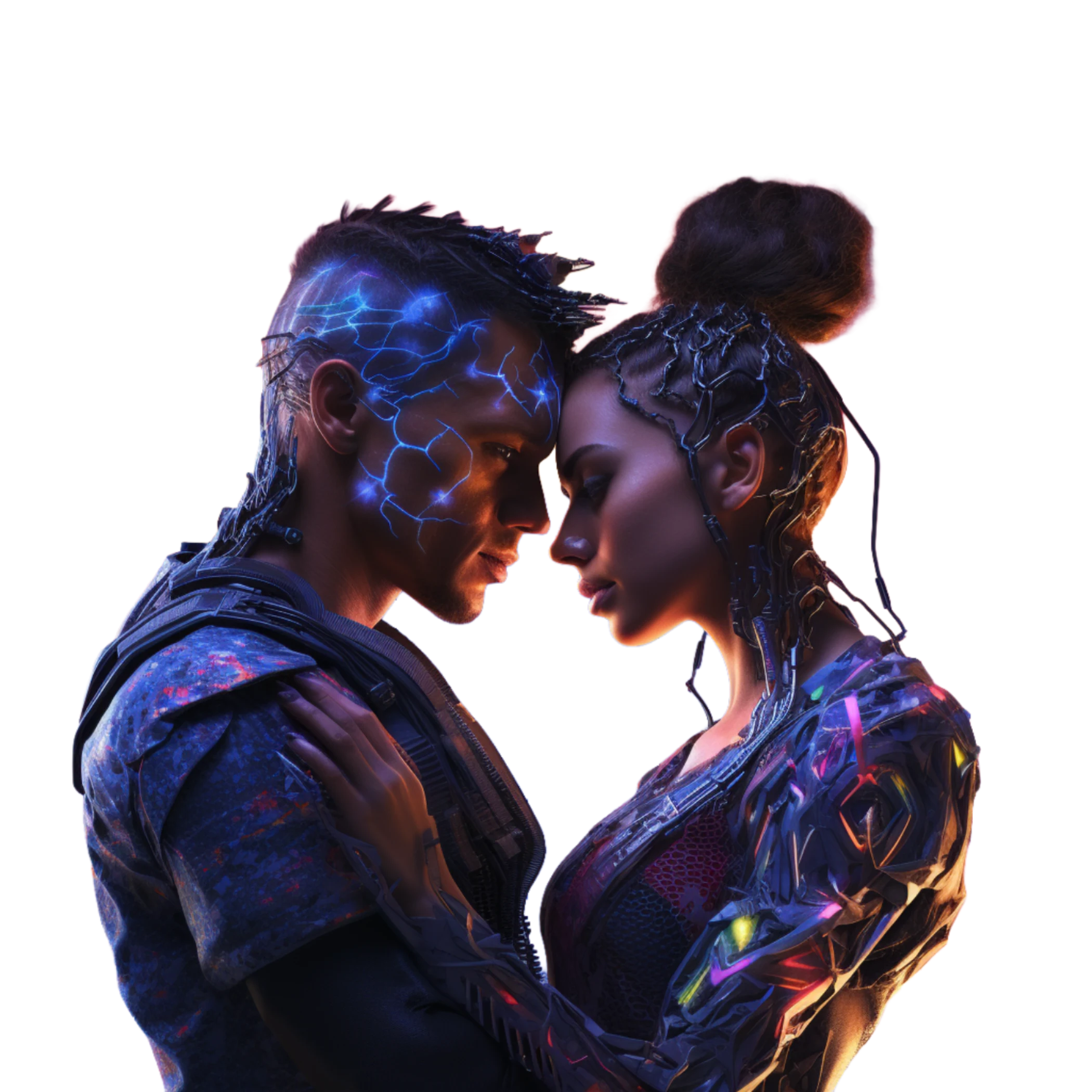 A couple embracing with lights in their skin, futuristic
