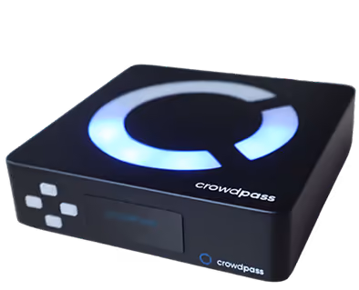 A black electronic device with a glowing blue circular symbol on top and the text 'crowdpass' on the front and top sides.