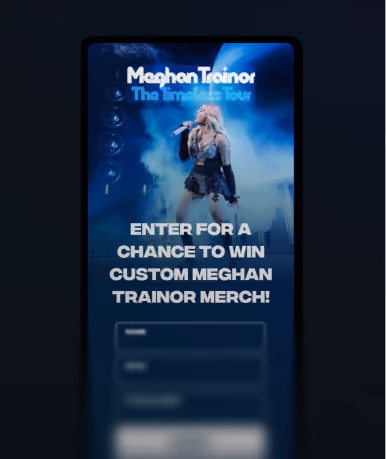 Smartphone screen showing a promotional entry form for a chance to win custom Meghan Trainor merchandise with an image of Meghan Trainor performing on stage, holding a microphone, with blue stage lighting.