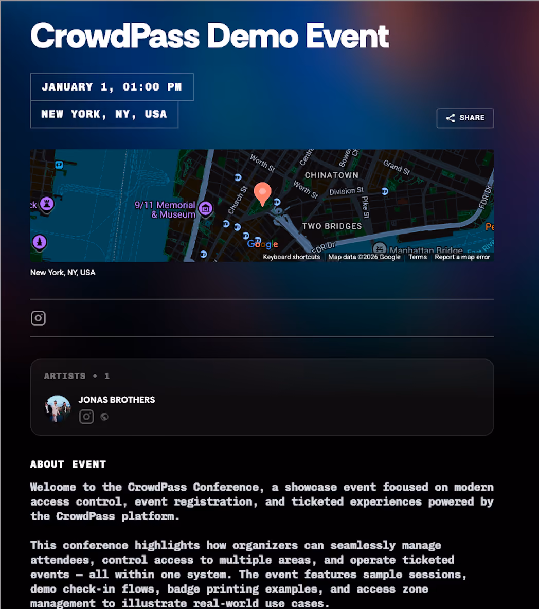 CrowdPass Demo Event information with date January 1, 01:00 PM, location New York, NY, USA, including a map showing part of Chinatown and Two Bridges in New York City, and featured artist Jonas Brothers. The event description highlights the CrowdPass Conference showcasing modern access control, event registration, and ticketed experiences, with examples like sample sessions, demo check-in flows, badge printing, and access zone management.