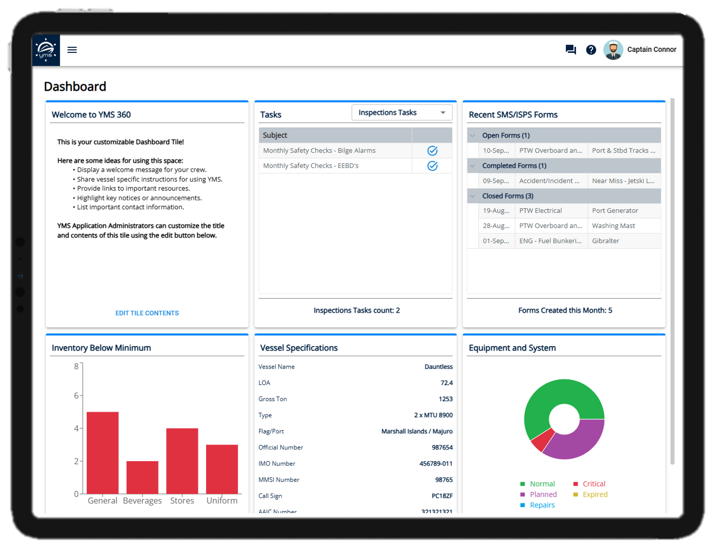 YMS360 dashboard displaying vessel specifications, outstanding tasks, inventory alerts, and more.