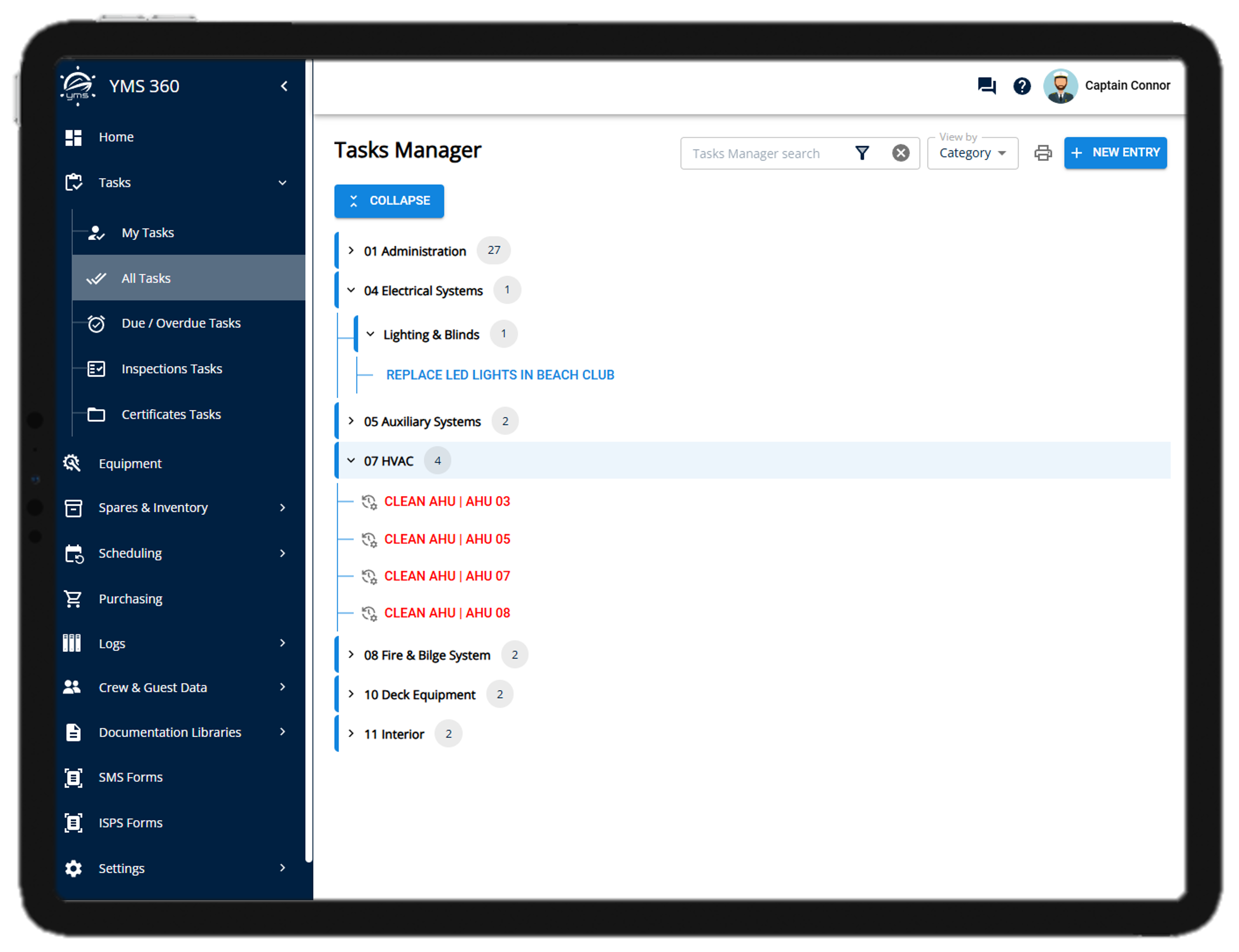 YMS360 task manager with outstanding maintenance tasks displayed grouped by category.
