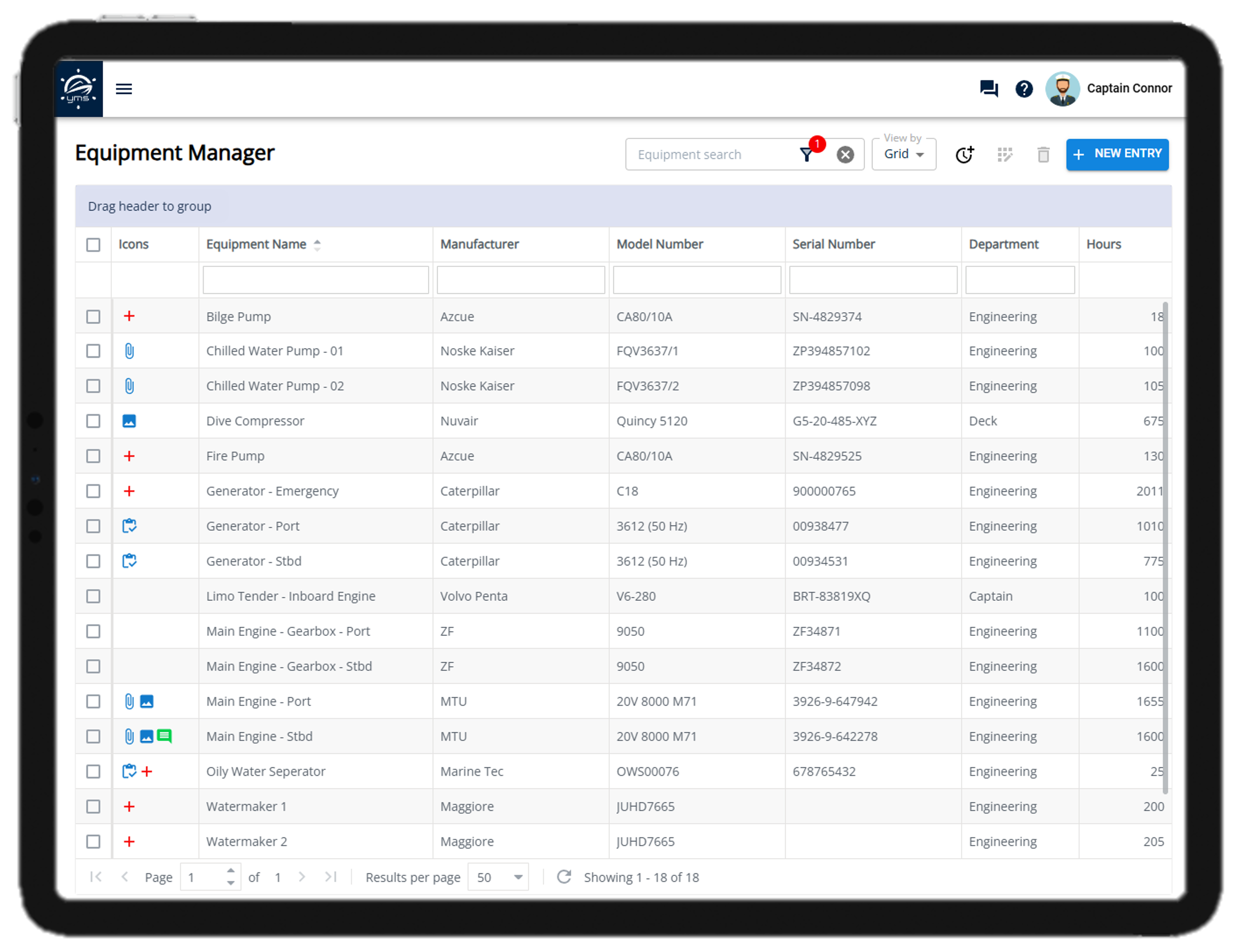 YMS360 equipment manager displaying equipment list in a grid with make, model, hours and other metadata.