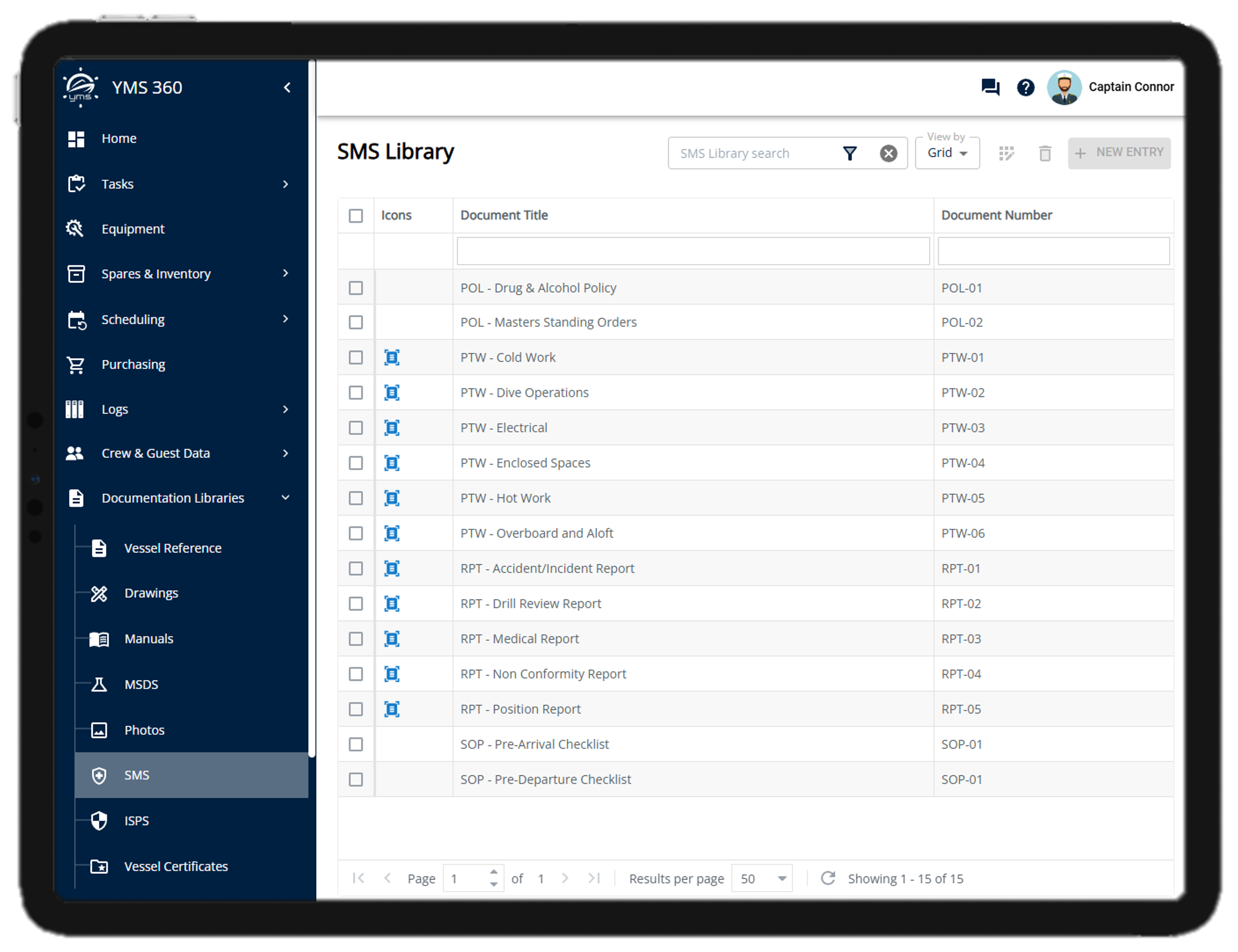 YMS360 SMS document library listing permits to work and vessel reports.