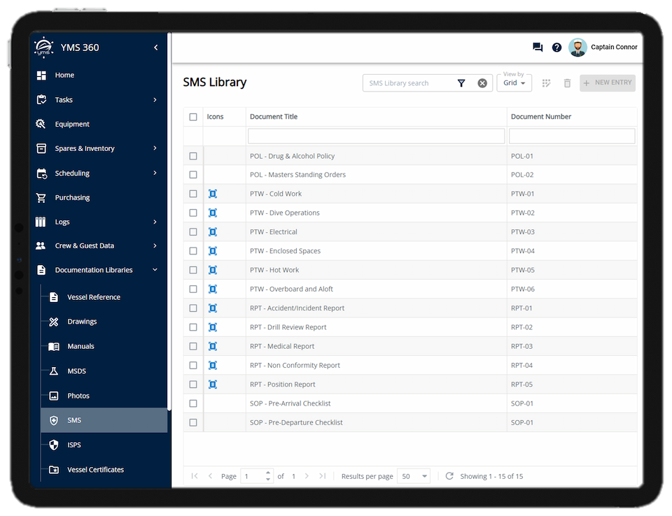 YMS360 SMS document library listing permits to work and vessel reports.