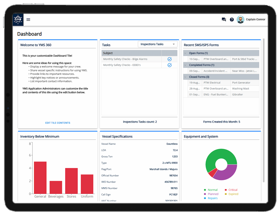 YMS360 dashboard displaying vessel specifications, outstanding tasks, inventory alerts, and more.