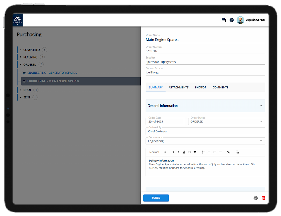 YMS360 purchasing module showing purchase orders grouped by status with an order expanded to display details.