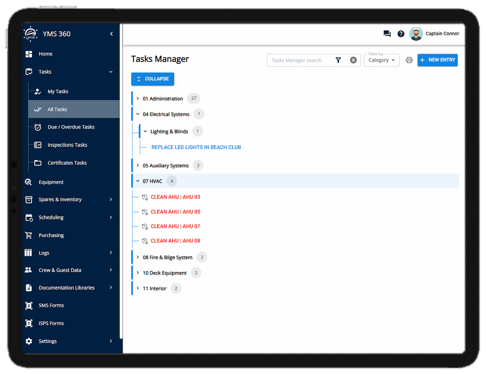 YMS360 task manager with outstanding maintenance tasks displayed grouped by category.