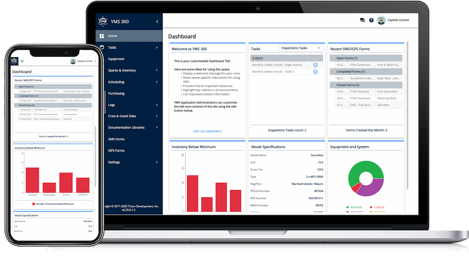 YMS360 dashboard displaying vessel specifications, outstanding tasks, inventory alerts, and more.