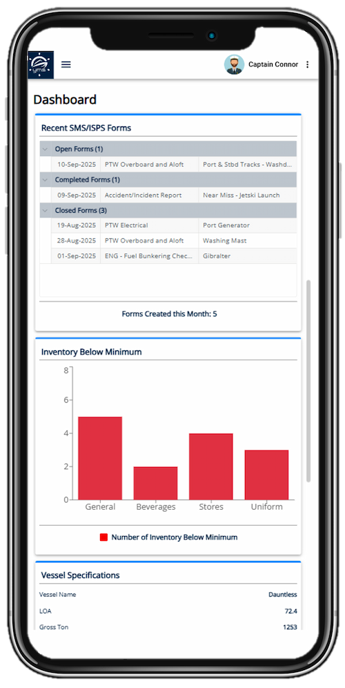 YMS360 dashboard displaying vessel specifications, outstanding tasks, inventory alerts, and more.