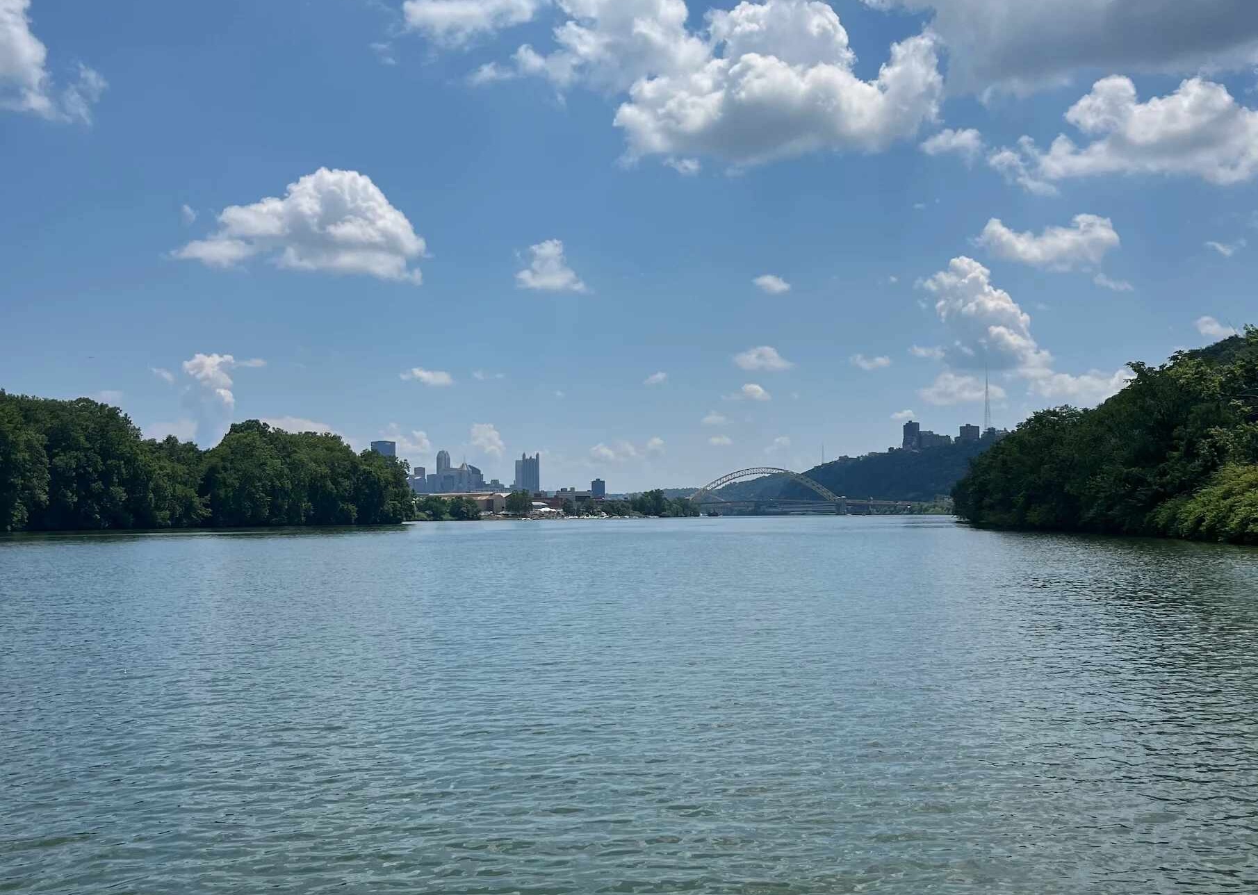 Wide view down the Ohio River toward the West End Bridge and the distant downtown skyline between green banks