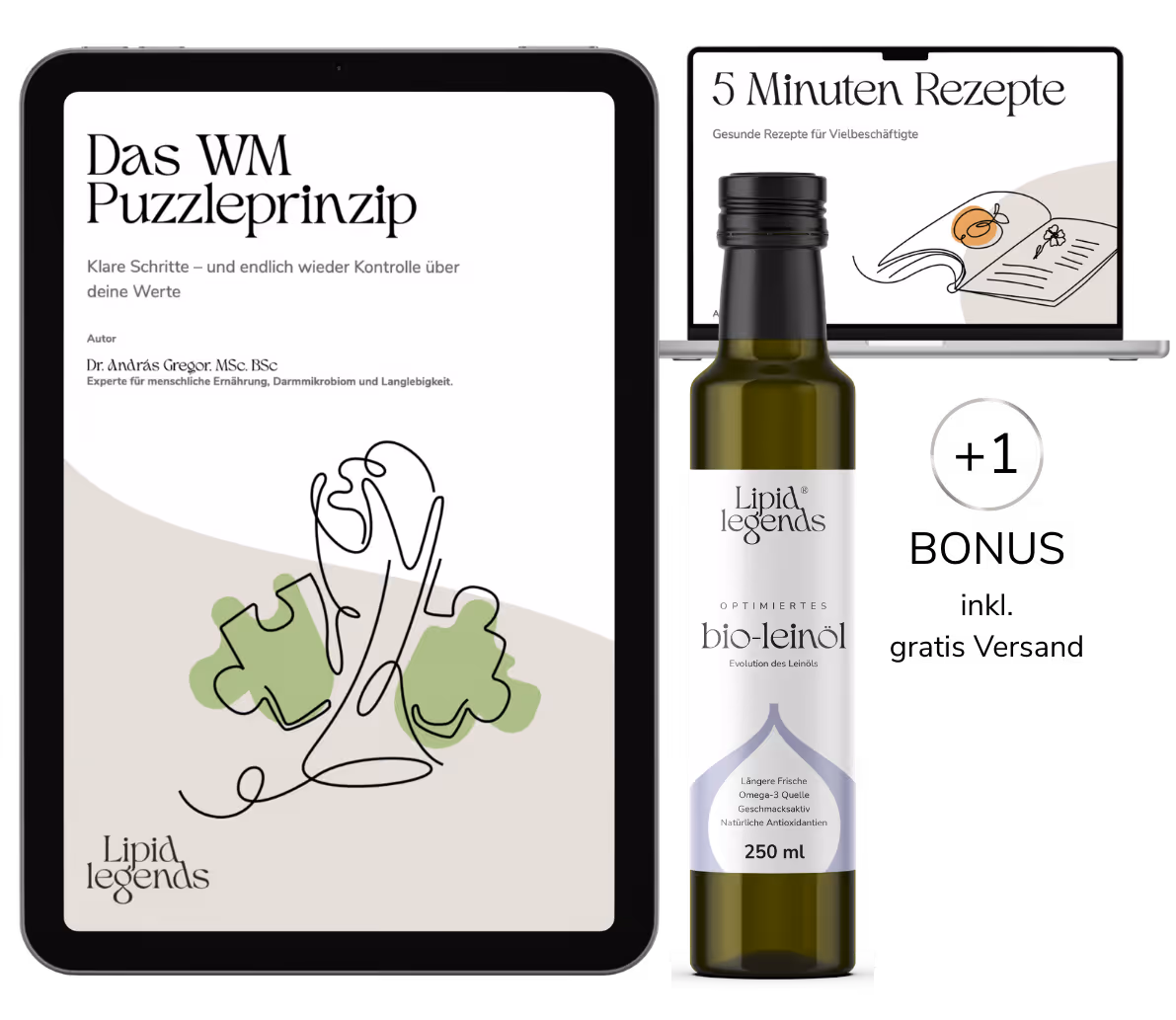 Cholesterin Normalisieren Paket Optimiertes Bio-Leinöl, E-Book, Rezeptbuch