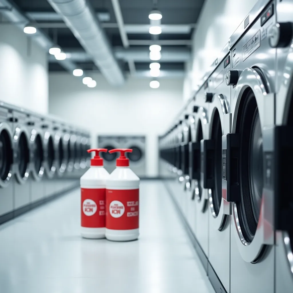 Lavandería industrial moderna en Barcelona con productos de limpieza Kisunex, maquinaria profesional y ambiente higiénico