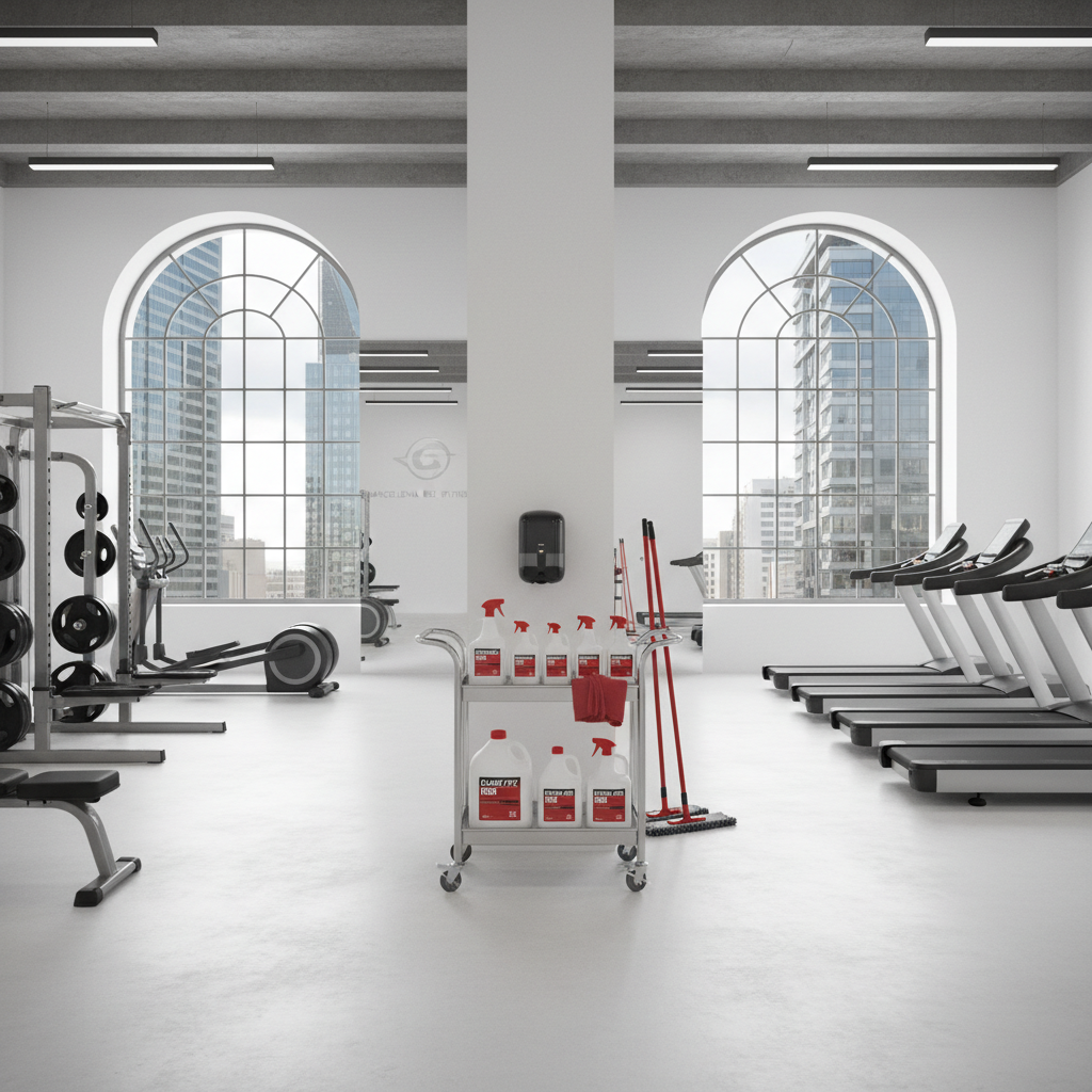 Gimnasio profesional en Barcelona con productos de limpieza Kisunex con colores corporativos rojos, equipos de fitness modernos y estación de limpieza industrial