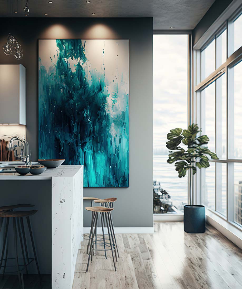 The inside of a modern, luxury, home with a scenic view of water