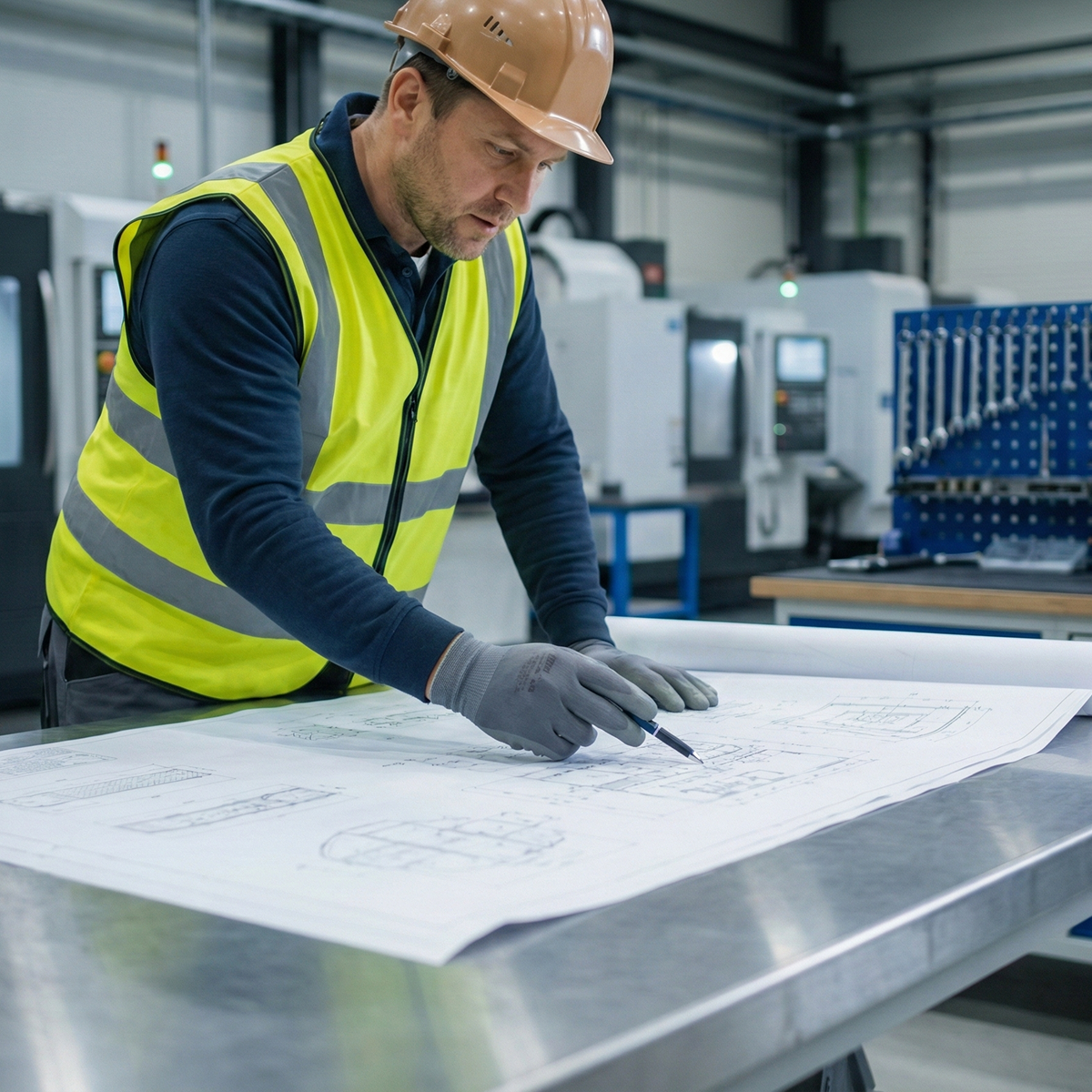 Engineer in safety vest and helmet examining blueprints on a metal table in a manufacturing facility.