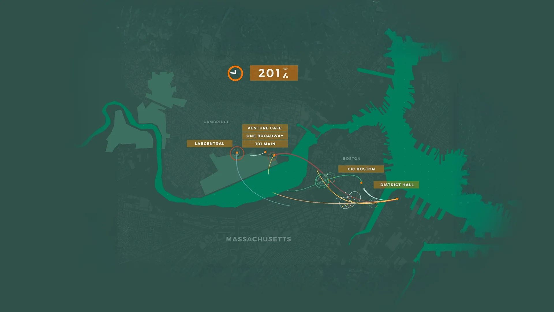 Kaart van de omgeving van Boston en Cambridge in Massachusetts met gemarkeerde locaties zoals Labcentral, Venture Cafe, One Broadway, 101 Main, CIC Boston en District Hall verbonden door gekleurde lijnen.
