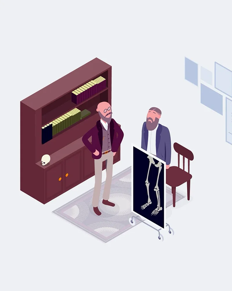 Isometrische illustratie voor VPI: arts en patiënt in een spreekkamer