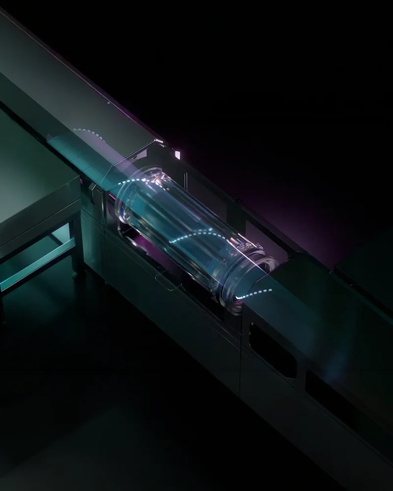 3D-animatie voor Kalpana Systems: transparant model van een reactor in een donkere ruimte