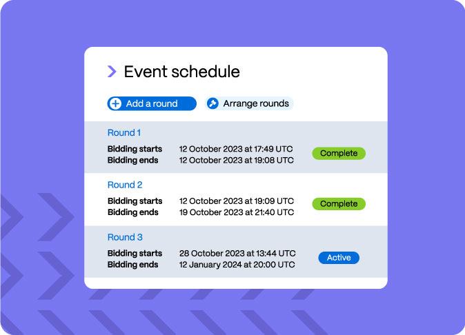 Event schedule showing three bidding rounds with start and end dates and status: Round 1 and Round 2 marked complete, Round 3 active.