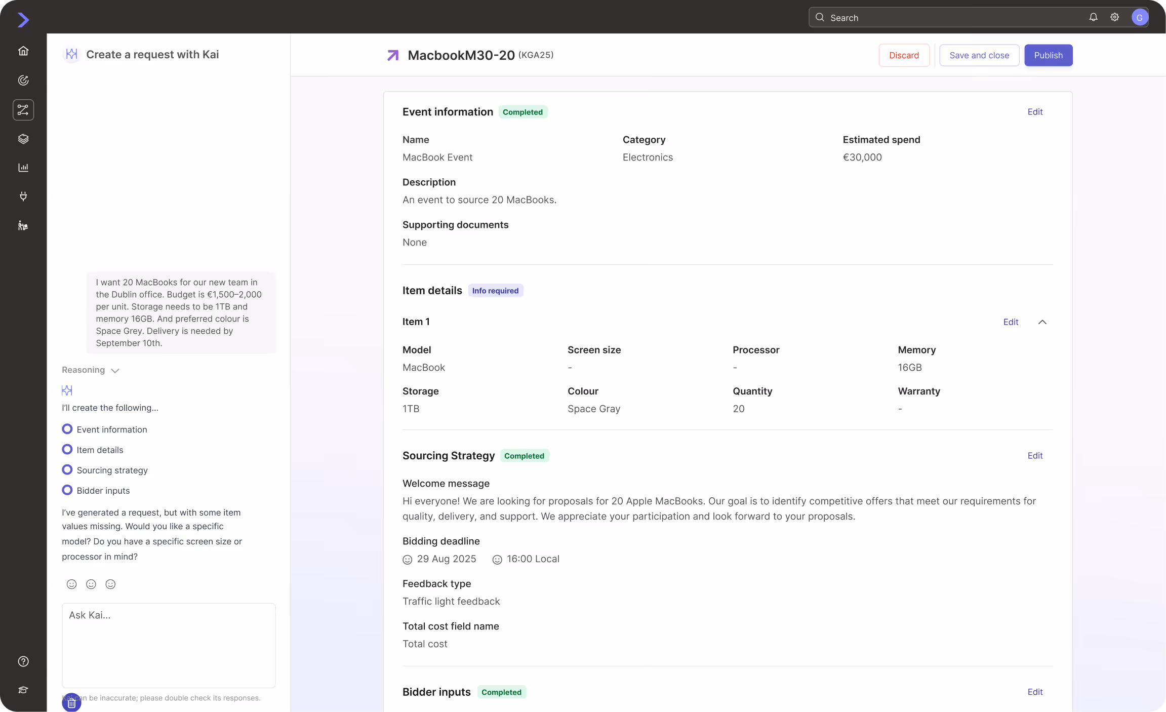 Screen displaying a procurement request for 20 MacBooks including event info, item details, sourcing strategy, and bidder inputs.