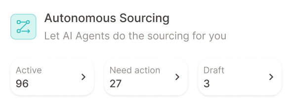 Dashboard card titled Autonomous Sourcing with subtitle Automate your tactical and tail spend, showing counts: Active 12, Need action 8, Draft 8.
