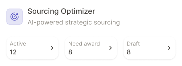 Sourcing Optimizer section showing the ability to run auction, RFQ, and RFI events with status cards for Active 12, Need award 8, and Draft 8.