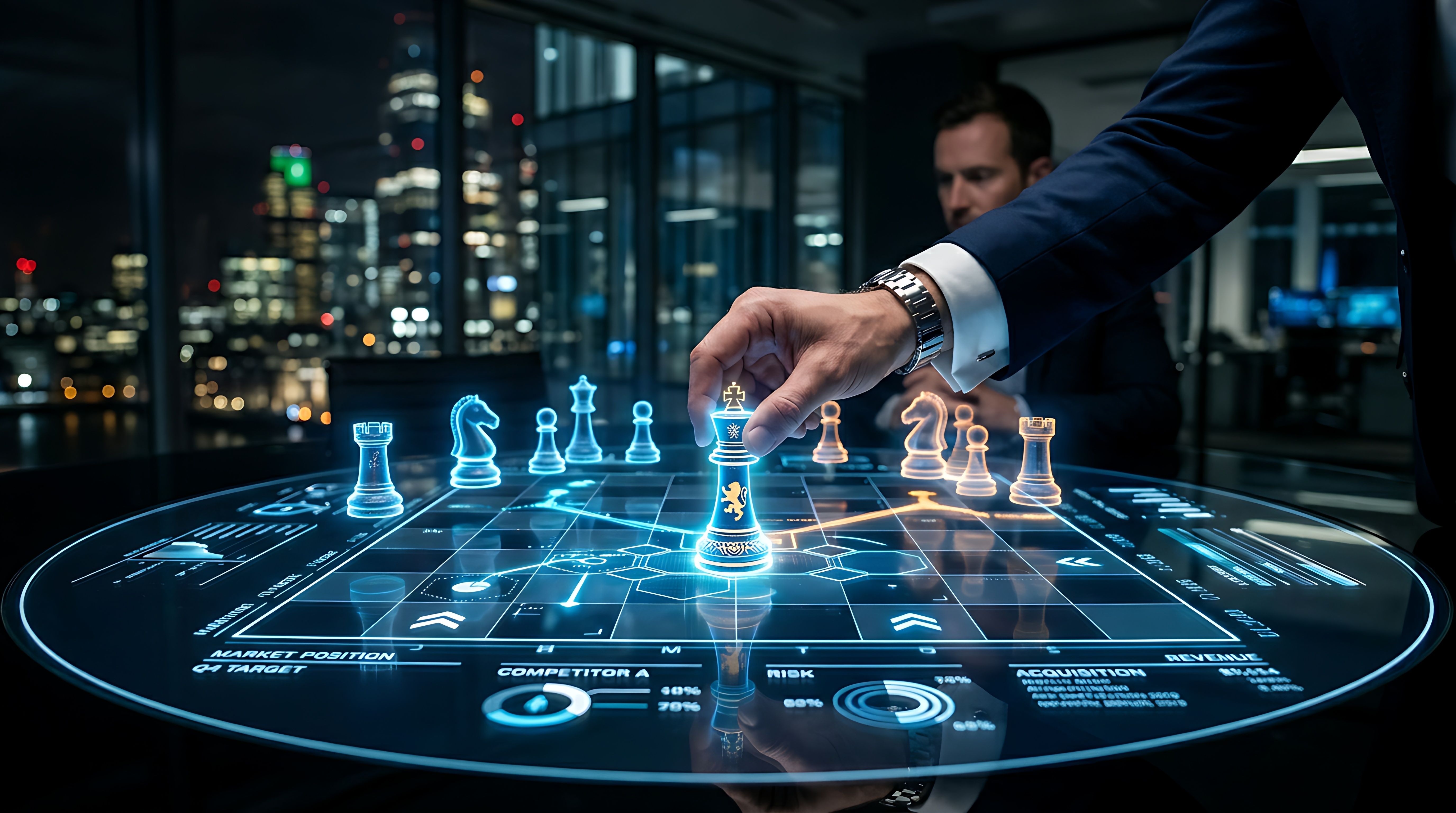 hand moving a chess piece on a holographic strategy board