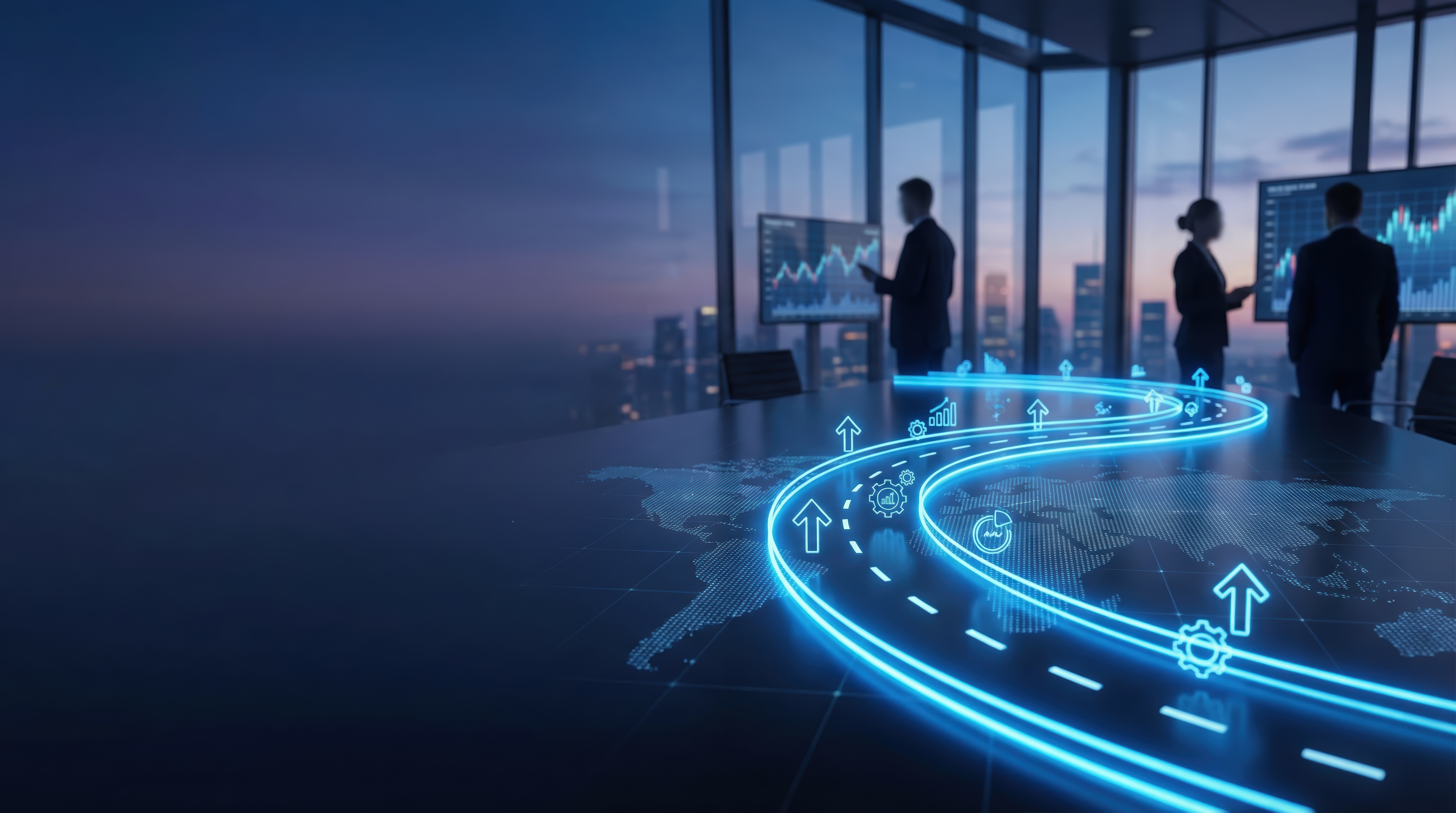 glowing road through an office toward a city skyline