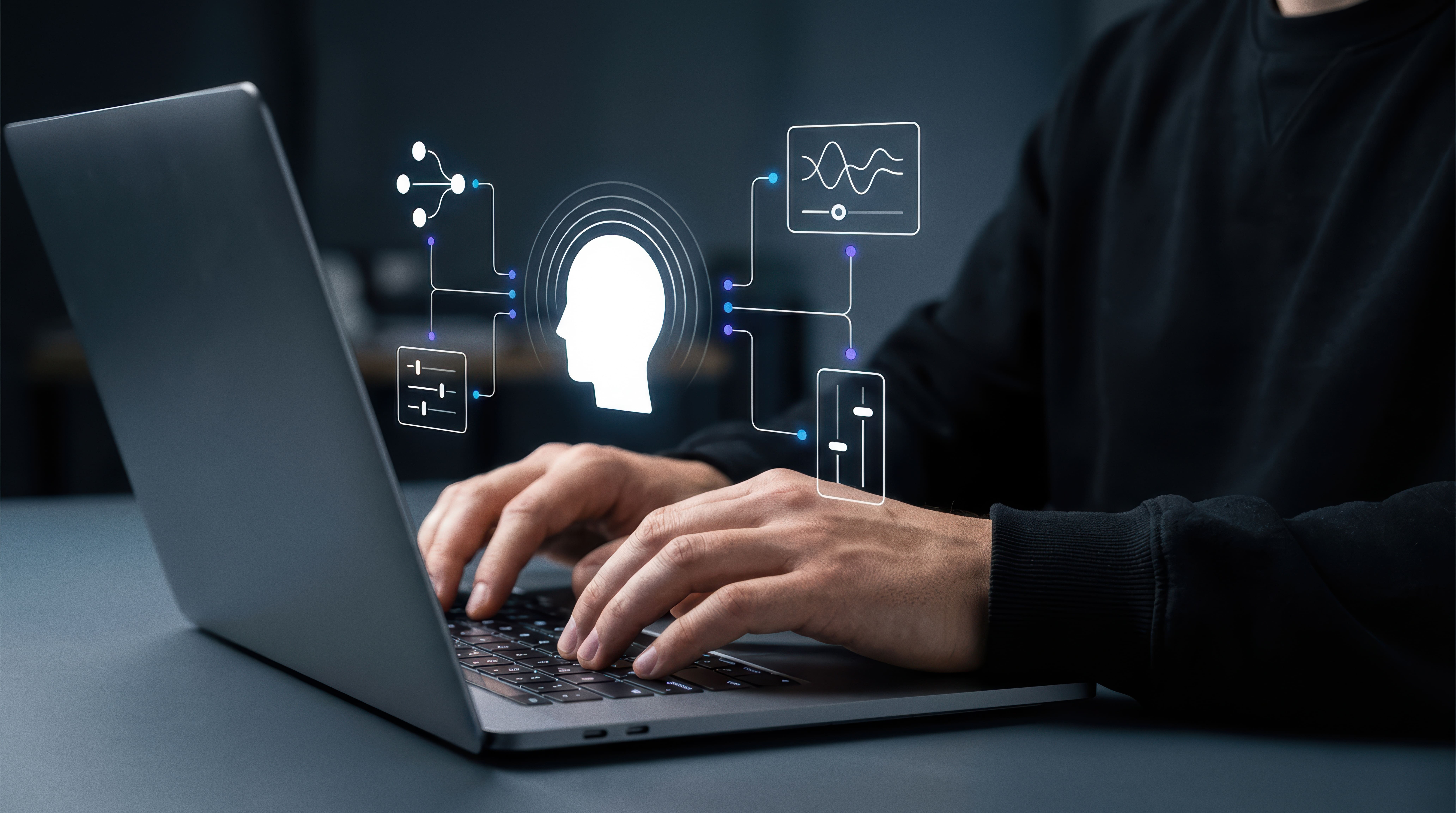 hands on laptop, AI head icon with sensor/data nodes