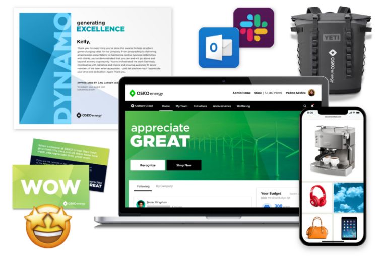 A collection of Culture Cloud employee recognition experiences, powered by O.C. Tanner, including award nominations, recognition eCards, and gifts that can be shared among peers.