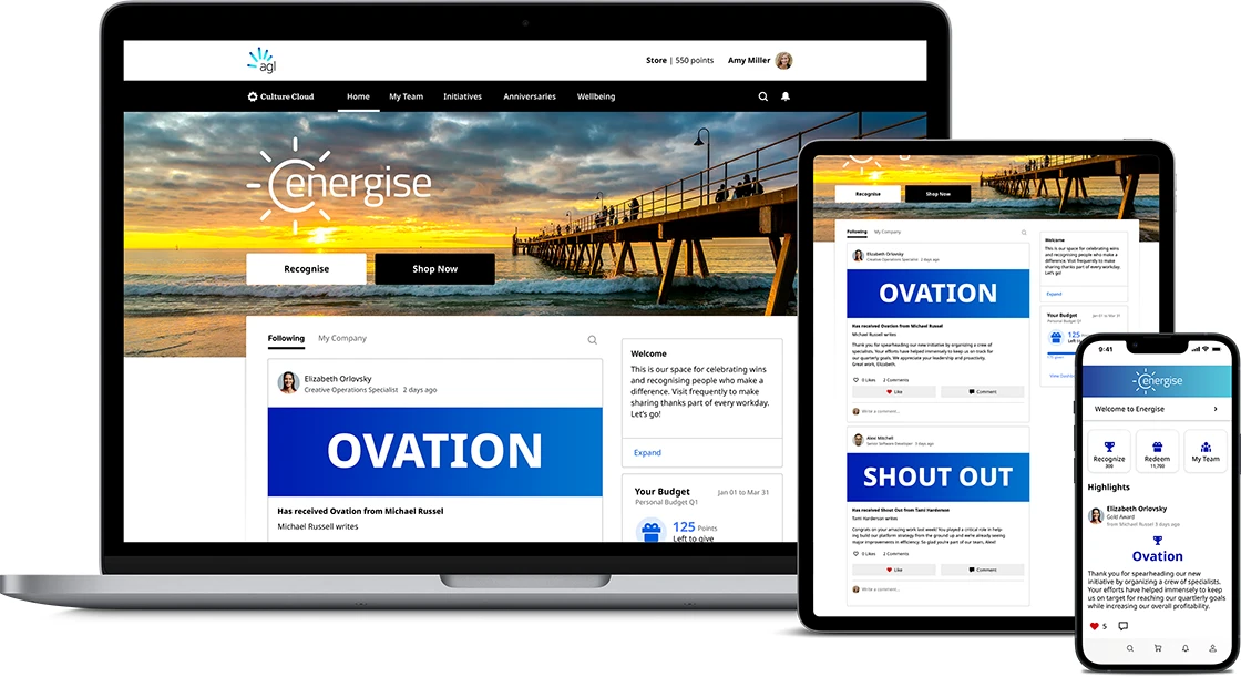 AGL Energy's online "Energise" recognition solution powered by O.C. Tanner's Culture Cloud platform