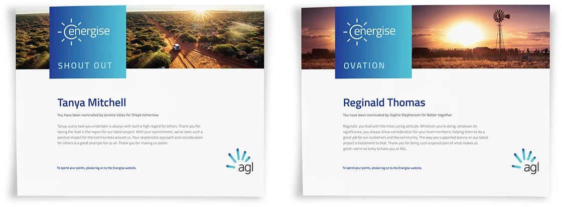 eCertificates for AGL Energy's online "Energise" recognition solution created by O.C. Tanner