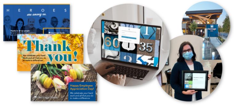 Heritage Bank’s custom-branded employee recognition tools from O.C. Tanner, including recognition notes and award certificates.