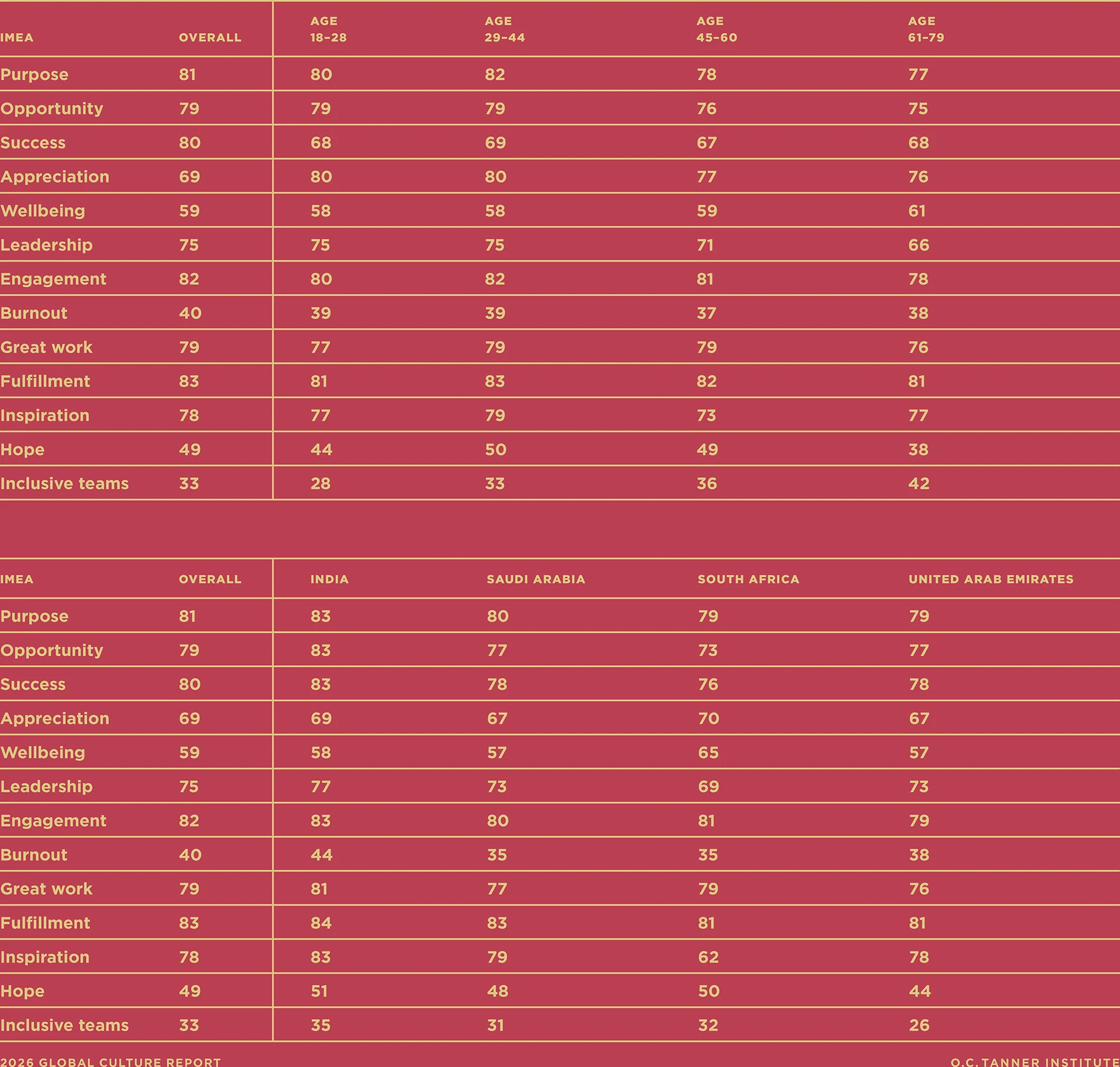 A table showing talent magnet index scores and workplace culture outcomes in IMEA