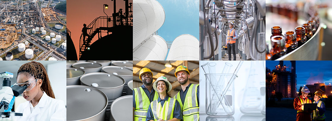 A collage of photos related to chemical manufacturing