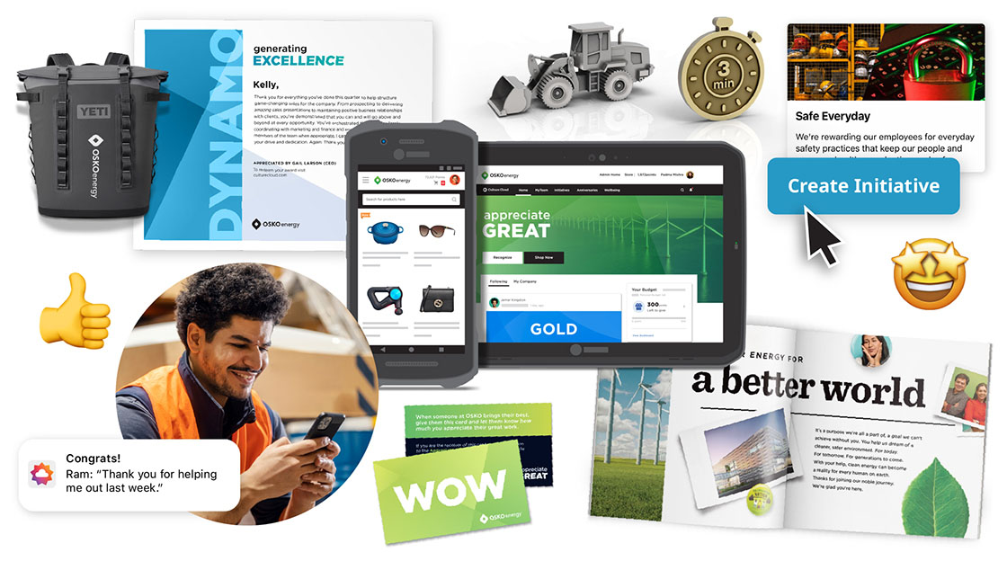 Features of O.C. Tanner’s Culture Cloud platform, including printed certificates, Initiatives, a mobile app, custom awards, Yearbook, and a Zebra device integration