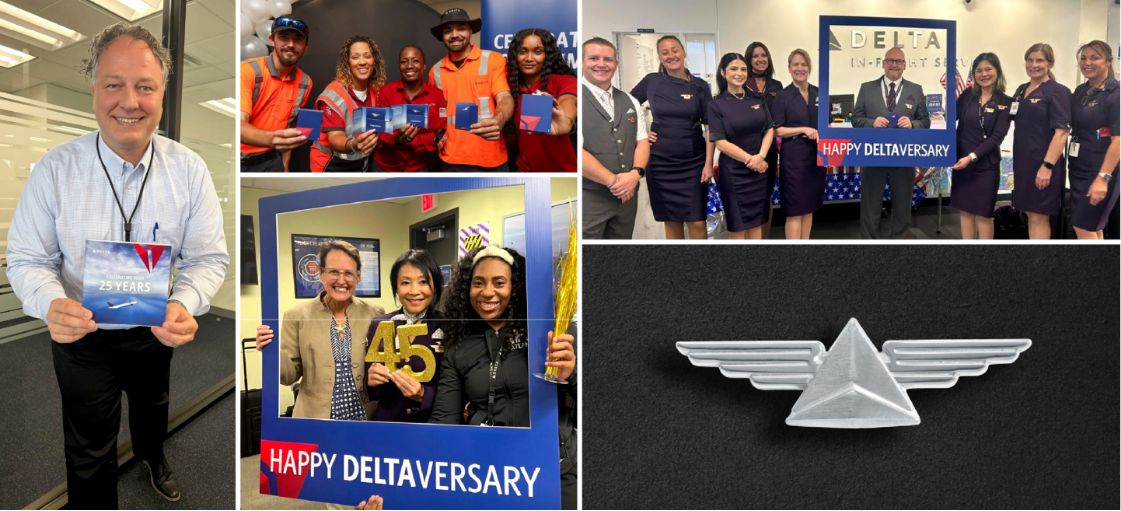 A collage of Delta employees celebrating their work anniversaries with custom symbolic awards from O.C. Tanner.