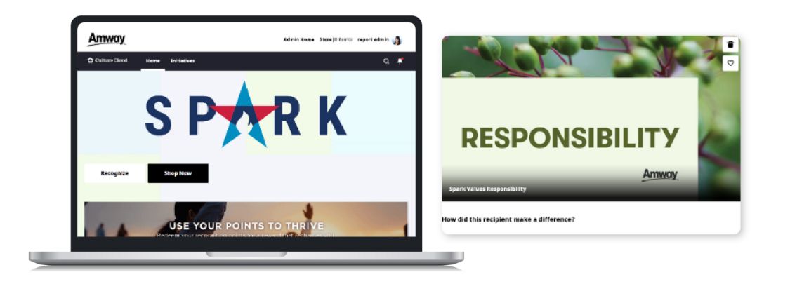 Amway’s Spark employee recognition platform, powered by O.C. Tanner’s Culture Cloud, used to recognize employees living Amway’s values and celebrating great work.