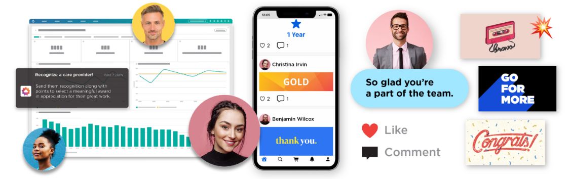 Employee recognition tools available on O.C. Tanner’s Culture Cloud with an emphasis on peer-to-peer recognition, including thank you cards and awards