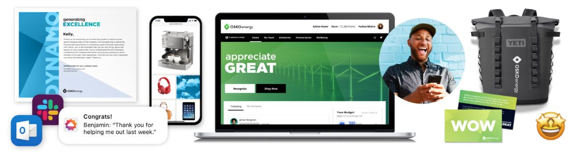 O.C. Tanner's Culture Cloud peer to peer recognition experiences including certificates, an award store, logo-branded awards, and point vouchers