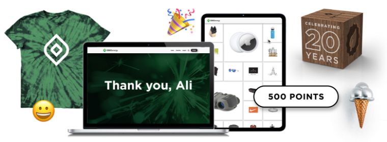 O.C. Tanner’s Culture Cloud Employee Appreciation Day experiences include a custom message, award selection, and custom branded merchandise for all employees to choose.