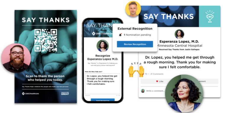 O.C. Tanner’s Say Thanks external recognition experience for customers to recognize employees by scanning a QR code.
