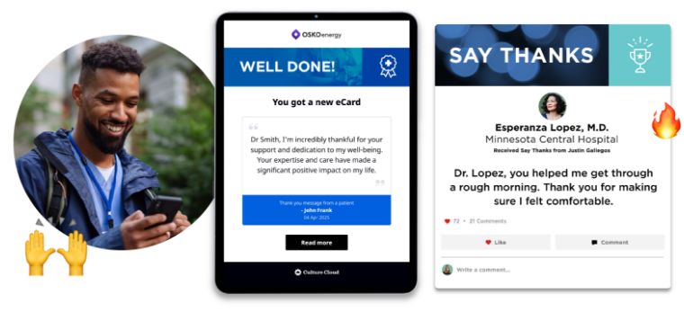 O.C. Tanner’s Say Thanks digital experience, integrated with Culture Cloud software, with an email notification showing a recognition message from a customer.