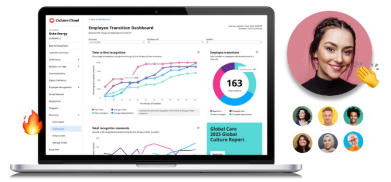 O.C. Tanner’s Job Transitions dashboard that has a single view of employees making job transitions and recent recognition.