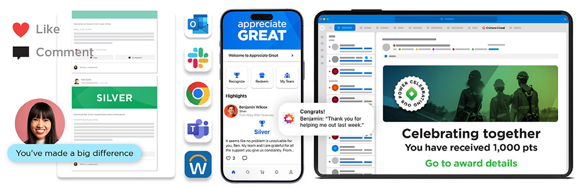 O.C. Tanner's Culture Cloud platform, featuring a mobile app, integrations, an award store, and more