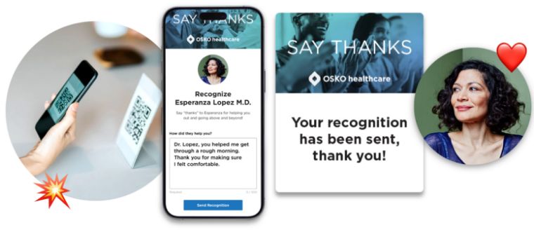O.C. Tanner’s Say Thanks external recognition process where a customer scans a QR code to a digital form where they can type their recognition message and send it to an employee.
