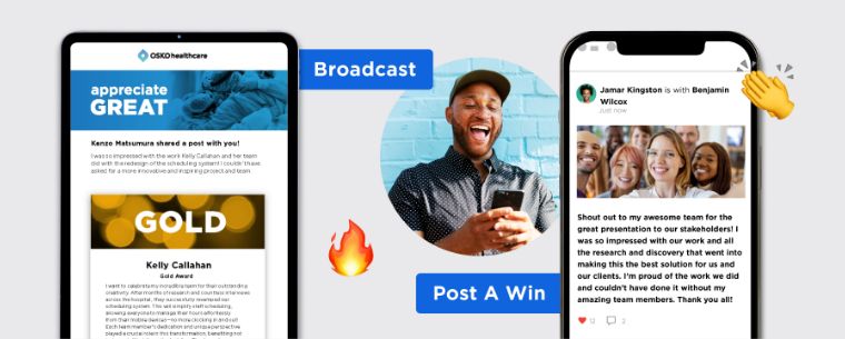 O.C. Tanner’s Culture Cloud Broadcast and Post a Win features on the online platform.